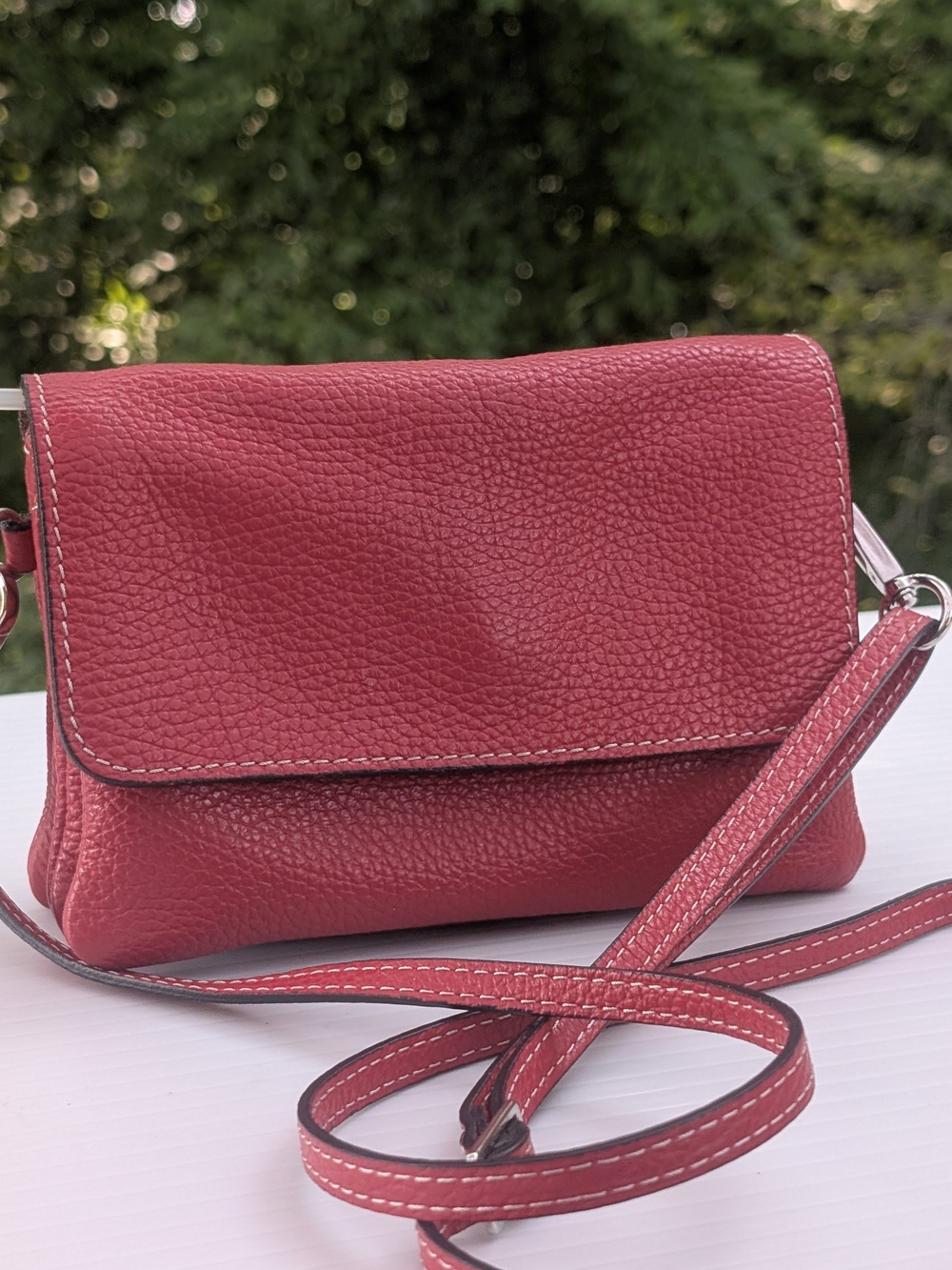 Compact Red Italian Pebbled Crossbody Shoulder Bag